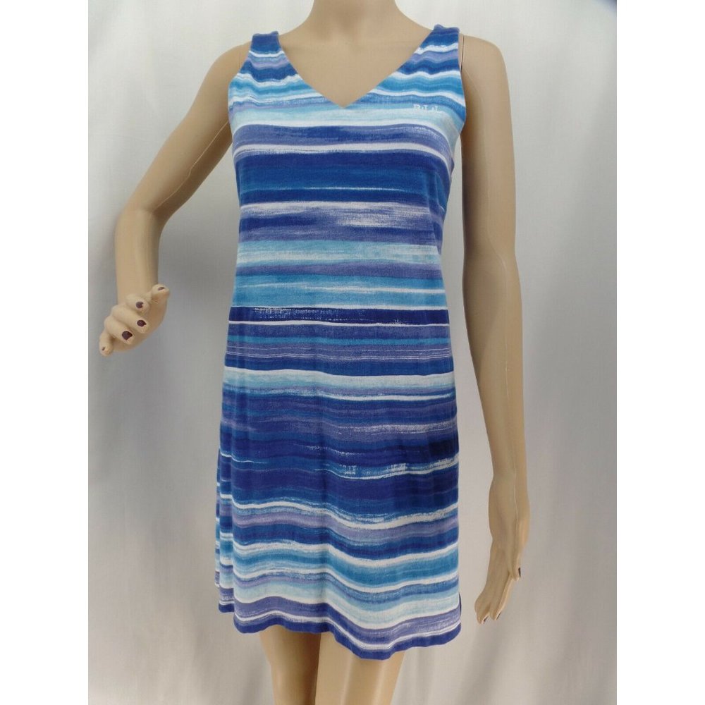 "LAUREN RALPH LAURENI" BLUE STRIPED V-NECKLINE SUMMER CASUAL DRESS SIZE:S